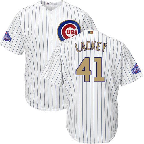 Cubs #41 John Lackey White(Blue Strip) Gold Program Cool Base Stitched MLB Jersey - Click Image to Close